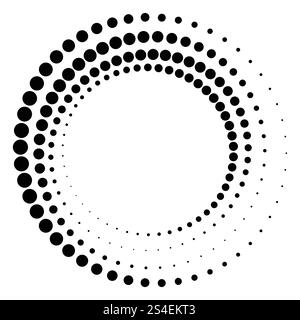 Black round halftone texture. Dotted radial swirl or tornado shape. Gradient circle. Pop art retro style. Stock Vector