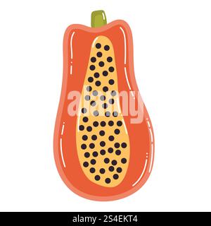 Cute cartoon half of ripe papaya in flat style. Tropical fruit isolated on white background. Stock Vector