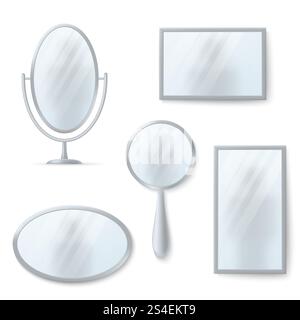 Isolated mirrors with reflexion vector set. Mirror shiny round and oval illustration. Isolated mirrors with reflexion vector set Stock Vector
