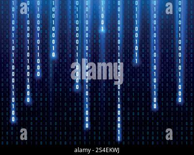 Big data vector concept with falling down glowing binary numbers. Digital matrix computer background. Virtual digital binary matrix, illustration of data code matrix. Big data vector concept with falling down glowing binary numbers. Digital matrix computer background Stock Vector