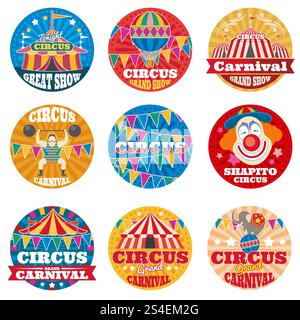 Circus vintage vector labels and emblems. Circus grand carnival colored logo illustration. Circus vintage vector labels and emblems Stock Vector