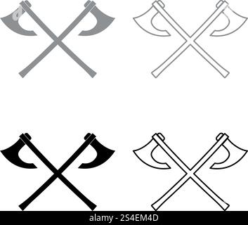 Two battle axes vikings icon set grey black color vector illustration outline flat style simple image Stock Vector