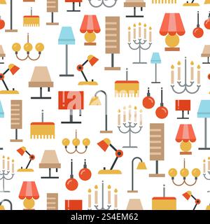 Lighting accessories seamless pattern - seamles texture with flat lamps. Vector illustration. Lighting seamless pattern - texture with flat lamps Stock Vector