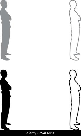 Man standing with hands crossed Dentist surgeon in medical clothes with folded hands on his chest Concept of the end of surgery operation Side view icon set grey black color vector illustration outline flat style simple image Stock Vector