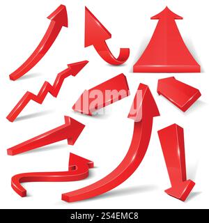Glossy red 3d arrows isolated on white vector set. Arrow web curve direction illustration. Glossy red 3d arrows isolated on white vector set Stock Vector
