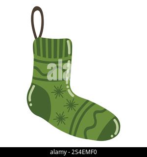 Cute cartoon green Christmas stocking in flat style. Christmas sock. Stock Vector