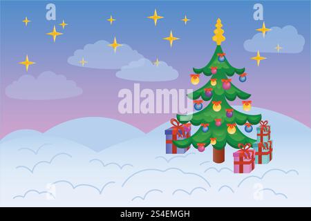 Happy new year card with decorated Christmas tree and presents on a starry snow landscape. Stock Vector