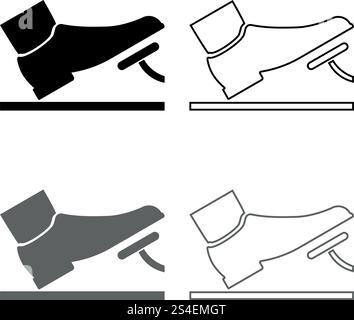 Foot pushing the pedal gas pedal brake pedal auto service concept icon set grey black color vector illustration outline flat style simple image Stock Vector