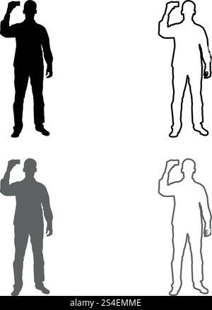 Man shows card in his hand Business card in hand businessman silhouette icon set grey black color vector illustration outline flat style simple image Stock Vector
