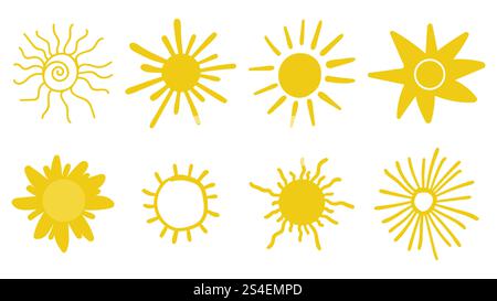 Cute doodle sun shining set isolated on white background. Stock Vector