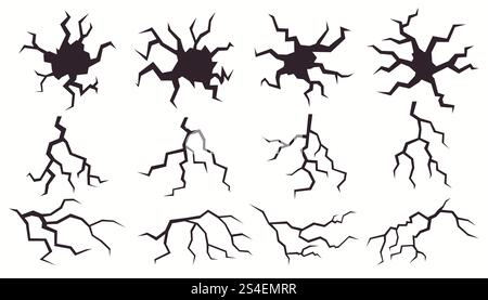 Cracks collection. Broken wall with a crack. Textured damage isolated on a white background. Scratched lines on surface. Stock Vector
