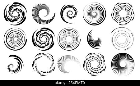 Striped halftone round elements, twisters, halftone circular textures with stripes, radial halftone tornado Stock Vector