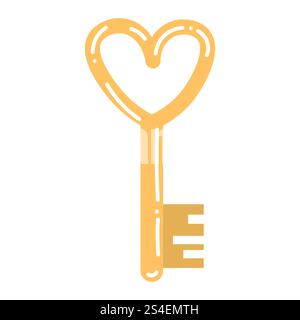 Cute cartoon heart-shaped golden key in flat style. Happy Valentines day design element. Stock Vector