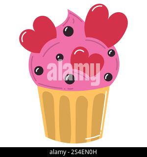 Cute pink cartoon cupcake with hearts and chocolate sprinkles in flat style. Happy Valentines day design element. Stock Vector