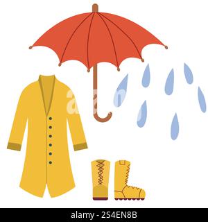 Autumn rainy clothing. Yellow waterproof raincoat, umbrella and boots for rainy weather isolated on white. Stock Vector