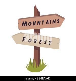 Cartoon signpost with arrows for camping in flat style isolated on white background. Stock Vector