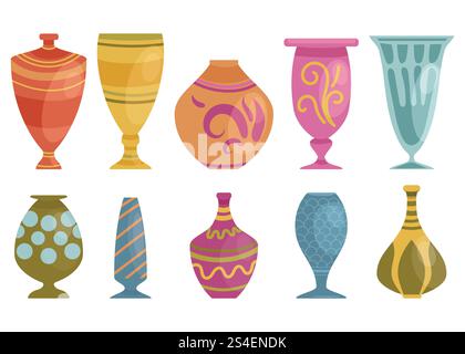 Colorful vases with ornaments different collection isolated on white background. Stock Vector