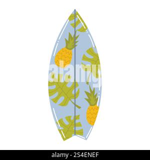 Cute cartoon surfing board with pineapple and Monstera leaves pattern in flat style. Surfing tool isolated on white background. Stock Vector