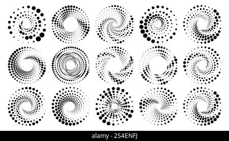 Halftone round elements, twisters, halftone circular textures with dots, radial halftone tornado Stock Vector