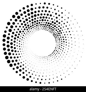 Black round halftone texture. Dotted radial swirl or tornado shape. Gradient circle. Pop art retro style. Stock Vector