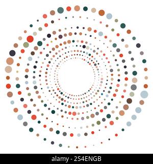 Colorful halftone round element, twister, halftone circular texture with dots, radial halftone tornado Stock Vector