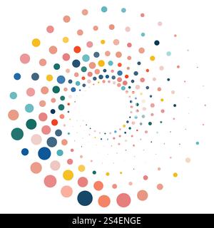 Colorful halftone round element, twister, halftone circular texture with dots, radial halftone tornado Stock Vector