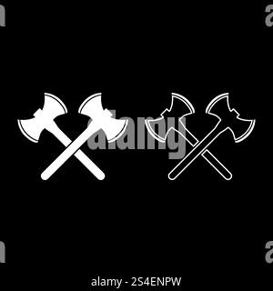 Two double-faced viking axes icon set white color illustration flat outline style simple image Stock Vector