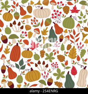 Cute messy autumn seamless pattern with branches and leaves, pumpkins and berries in simple flat style. Cozy fall background, textile, fabric. Stock Vector