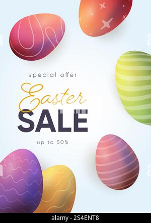Easter sale, colored 3D eggs, discount template Stock Vector
