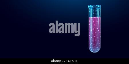 Test tube, glowing blue low poly wireframe glass flask on a dark background. Vector illustration design concept for medical industry and chemical Stock Vector