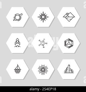 Minimal geometric icons set - abstract line icons. Modern line set sign, vector illustration. Minimal geometric icons set - abstract line icons Stock Vector