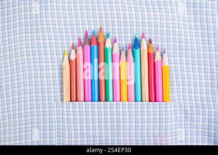 Multicolored pastel crayons arranged in a blue checkered pattern shirt pocket, crop close up Stock Photo