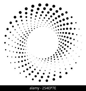 Black round halftone texture. Dotted radial swirl or tornado shape. Gradient circle. Pop art retro style. Stock Vector