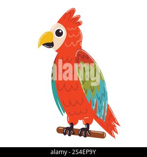 Cute cartoon red Macaw parrot sitting on the stick. Tropical parrot in flat style isolated on white background. Stock Vector