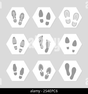 Grey footprints icons - female, male and sport shoe. Vector illustration. Footprints icons - female, male Stock Vector