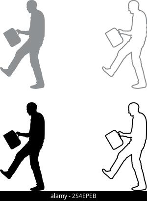 Cheerful man with a briefcase Concept success win Successfull bussines man icon set grey black color vector illustration outline flat style simple image Stock Vector