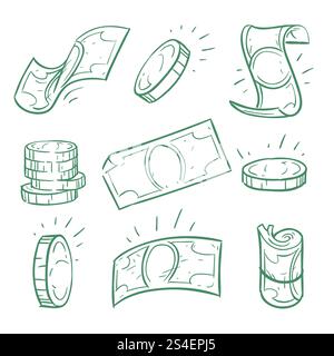 Hand drawn money. Doodle dollar banknotes and coins vector set. Money cash doodle, coin sketch finance banknote illustration. Hand drawn money. Doodle dollar banknotes and coins vector set Stock Vector