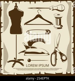 Vintage elements for tailor labels - scissors, dummy, thread, pins in retro style. Vector illustration. Vintage elements for tailor labels - scissors, dummy, thread, pins Stock Vector