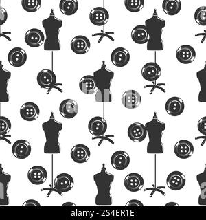 Monochromic tailor shop seamless pattern with dummy and buttons. Vector illustration. Tailor shop seamless pattern with dummy and buttons Stock Vector