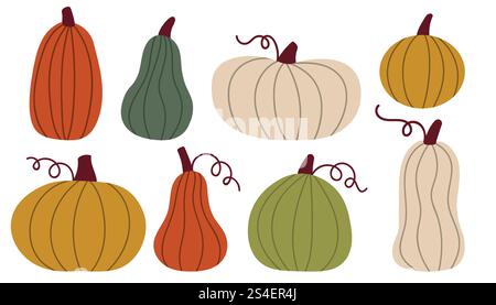 Cute cartoon autumn pumpkin set. Fall harvest collection in simple flat style. Stock Vector