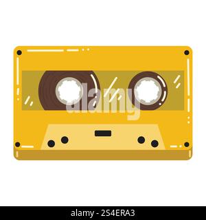 Yellow cartoon music or audio retro 90s cassette isolated on hite background. Retro music stereo tape in Y2k style. Stock Vector