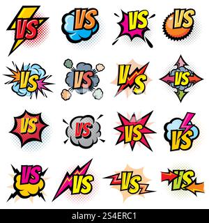 Battle competition versus vector logos set. Vs rivals challenge emblems and labels. Battle challenge sport, versus opposite color, duel and fight in match illustration. Battle competition versus vector logos set. Vs rivals challenge emblems and labels Stock Vector