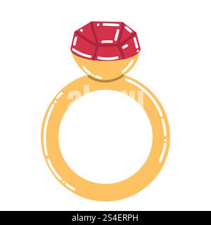 Cute cartoon golden ring with ruby gemstone in flat style. Engagement ring. Stock Vector