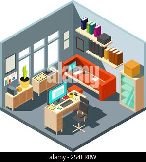 Isometric home office interior. 3d workspace with computer and furniture. Isometric office room with computer and table with chair illustration. Isometric home office interior. 3d workspace with computer and furniture Stock Vector