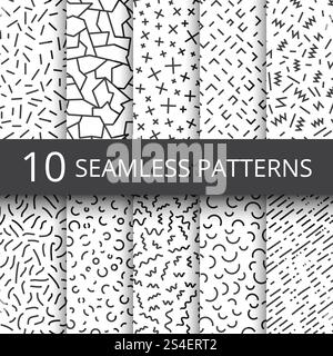 Funky memphis seamless vector patterns. 80s and 90s school fashion black and white texture backgrounds with simple geometric shapes. Background with abstract elements zigzag and curve illustration. Funky memphis seamless vector patterns. 80s and 90s school fashion black and white texture backgrounds with simple geometric shapes Stock Vector