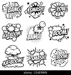 Cartoon explode icons. Comic book explosion bubbles. Pop art big bang and boom smoke clouds vector set. Blast cloud smoke, comic explosion bang and boom illustration. Cartoon explode icons. Comic book explosion bubbles. Pop art big bang and boom smoke clouds vector set Stock Vector