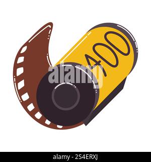 Retro photographic film roll with film strip in flat cartoon style. Stock Vector