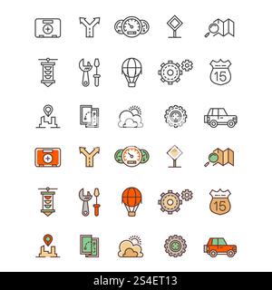 Travelling and location outline and flat colors icons. Travel flat sign of set. Vector illustration. Travelling and location outline and flat colors icons Stock Vector