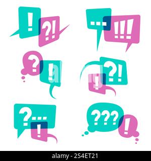 Question marks on speech bubbles icons. Business query vector concept. Discussion communication chat question bubble and answer illustration. Question marks on speech bubbles icons. Business query vector concept Stock Vector