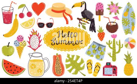 Colorful cartoon summer design elements collection with tropical fruits, Toukan bird, Monstera leaf and more. Summer vacation collection. Stock Vector